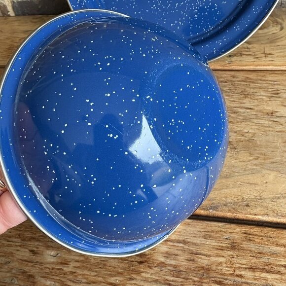 Blue Speckled Enamelware 2 Piece Set Tin Metal Camping Dishes - Picture 9 of 10